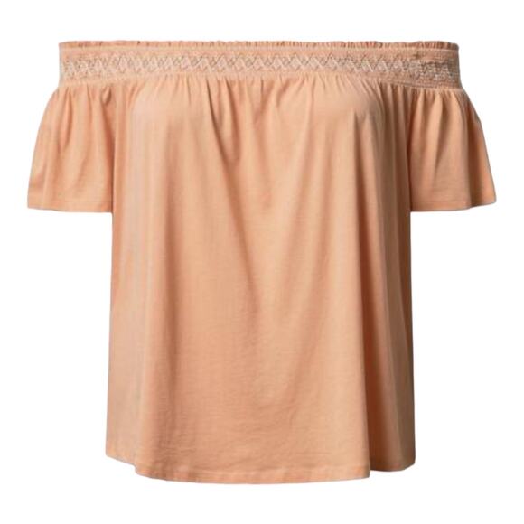 4173 Torrid 3X Cotton Modal Off Shoulder Smocked Yoke Top Peach Blouse Boho - Picture 1 of 5
